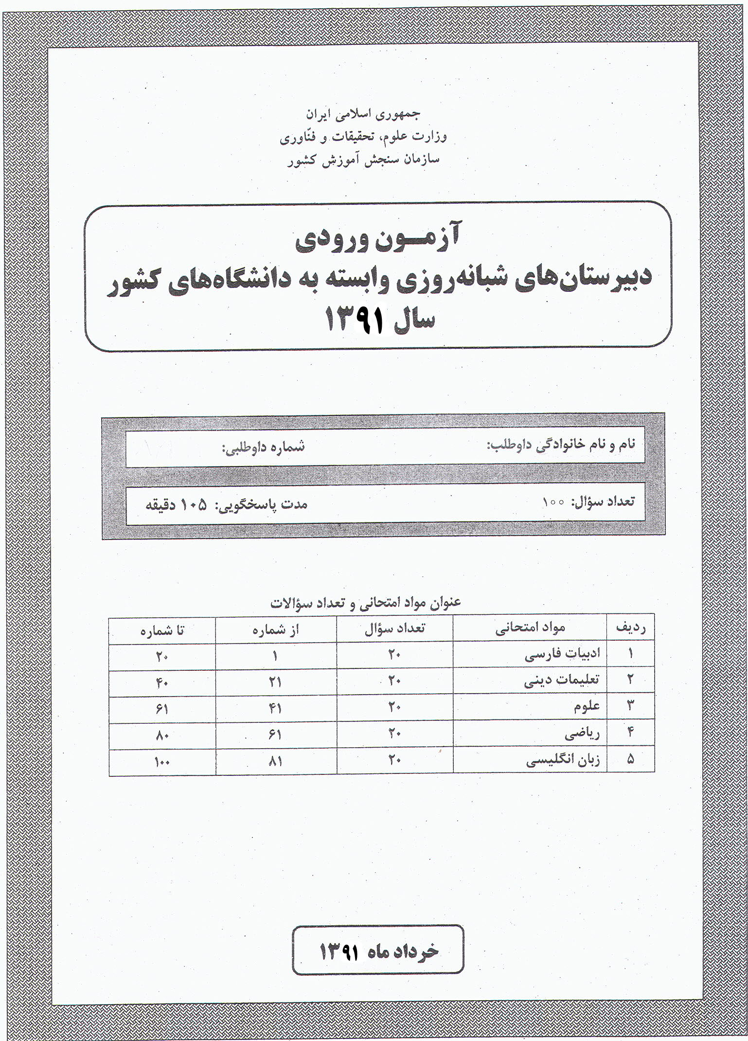 سوالات آزمون ورودی دبیرستان دانشگاه تیرماه 91